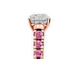 Rose gold Cushion Cut Diamond Cathedral Solitaire Ring with Round with Pink Sapphire side stone Pavé Band_17