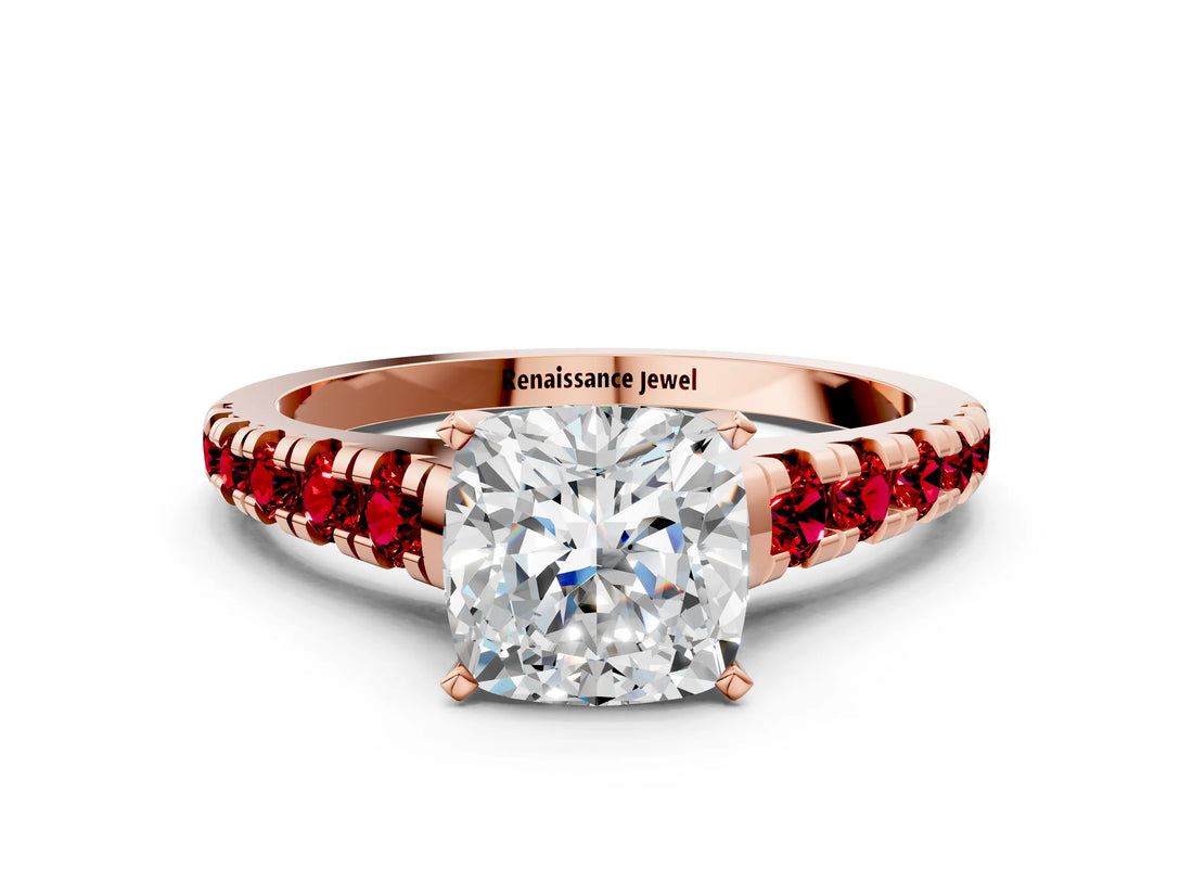 Rose gold Cushion Cut Diamond Cathedral Solitaire Ring with Round with Ruby side stone Pavé Band_48