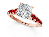 Rose gold Cushion Cut Diamond Cathedral Solitaire Ring with Round with Ruby side stone Pavé Band_49