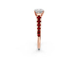 Rose gold Cushion Cut Diamond Cathedral Solitaire Ring with Round with Ruby side stone Pavé Band_50