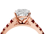 Rose gold Cushion Cut Diamond Cathedral Solitaire Ring with Round with Ruby side stone Pavé Band_52