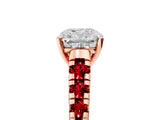 Rose gold Cushion Cut Diamond Cathedral Solitaire Ring with Round with Ruby side stone Pavé Band_53