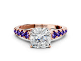 Rose gold Cushion Cut Diamond Cathedral Solitaire Ring with Round with Tanzanite side stone Pavé Band