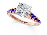 Rose gold Cushion Cut Diamond Cathedral Solitaire Ring with Round with Tanzanite side stone Pavé Band_1