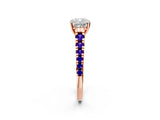 Rose gold Cushion Cut Diamond Cathedral Solitaire Ring with Round with Tanzanite side stone Pavé Band_2