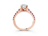 Rose gold Cushion Cut Diamond Cathedral Solitaire Ring with Round with Tanzanite side stone Pavé Band_3