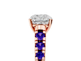 Rose gold Cushion Cut Diamond Cathedral Solitaire Ring with Round with Tanzanite side stone Pavé Band_5