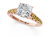 Rose gold Cushion Cut Diamond Cathedral Solitaire Ring with Round with Yellow Sapphire side stone Pavé Band_37