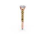 Rose gold Cushion Cut Diamond Cathedral Solitaire Ring with Round with Yellow Sapphire side stone Pavé Band_38