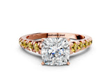 Rose gold Cushion Cut Diamond Cathedral Solitaire Ring with Round with Yellow Sapphire side stone Pavé Band_45