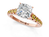 Rose gold Cushion Cut Diamond Cathedral Solitaire Ring with Round with Yellow Sapphire side stone Pavé Band_46