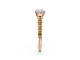 Rose gold Cushion Cut Diamond Cathedral Solitaire Ring with Round with Yellow Sapphire side stone Pavé Band_47
