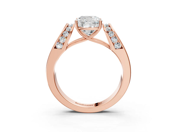 Rose Gold Cushion Cut Channel Set Engagement Ring Setting with Accented Shoulders on Wide Band