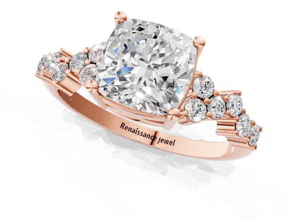 Rose gold Cushion Cut Diamond Cluster Pavé Band with Four-Prong Setting