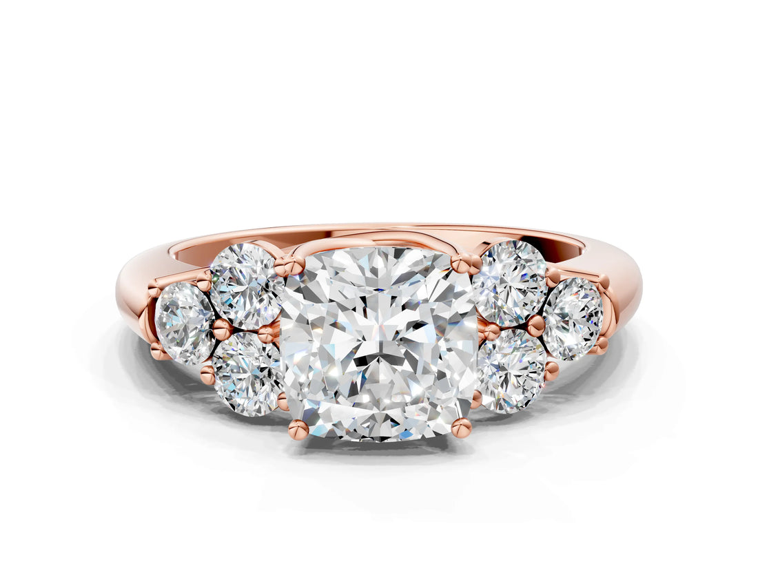 Rose gold Cushion Cut Diamond Cluster Ring with Round Accent Stones and Prong Setting on a Classic Band_61