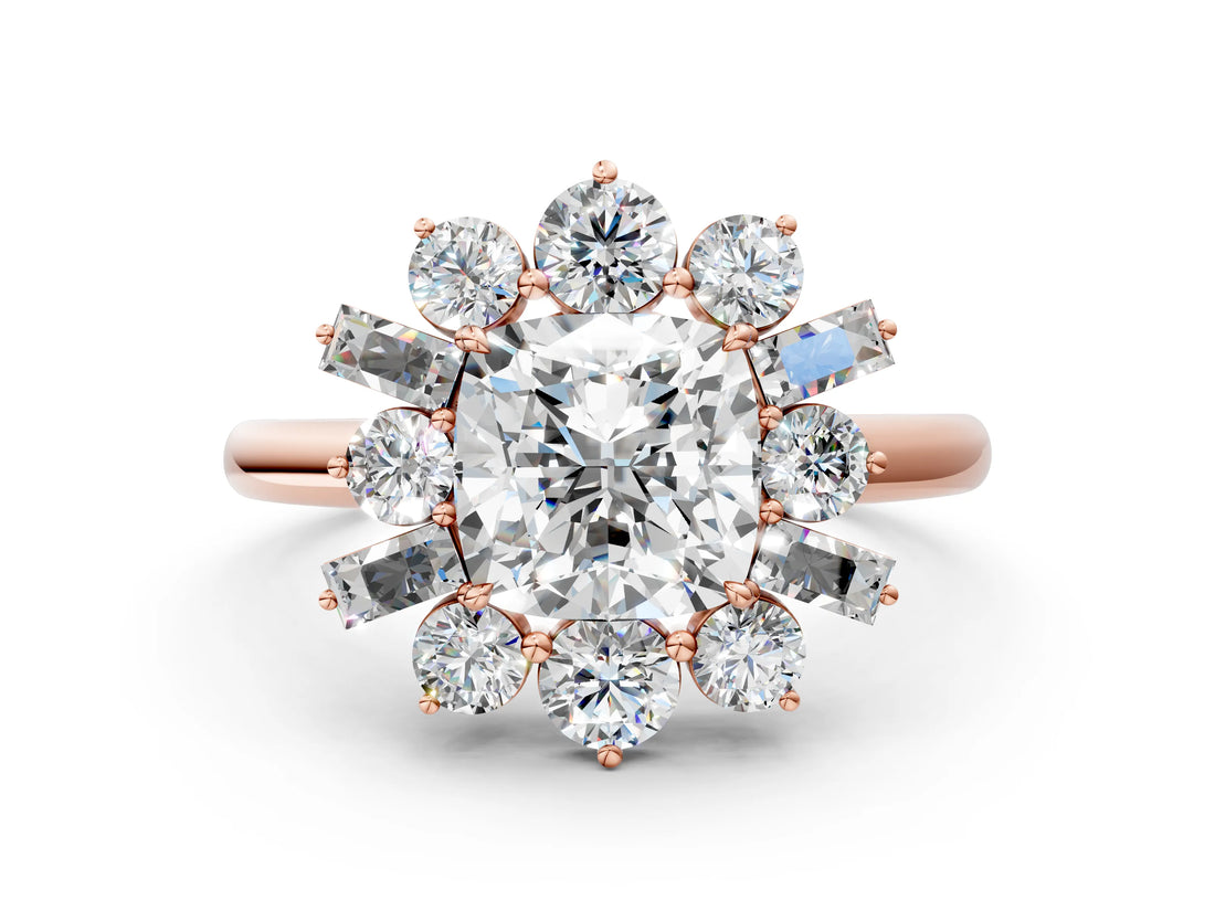 Rose gold Cushion Cut Diamond Cluster Ring with Round and Baguette Stones, Split Shank Band, Prong Setting_15