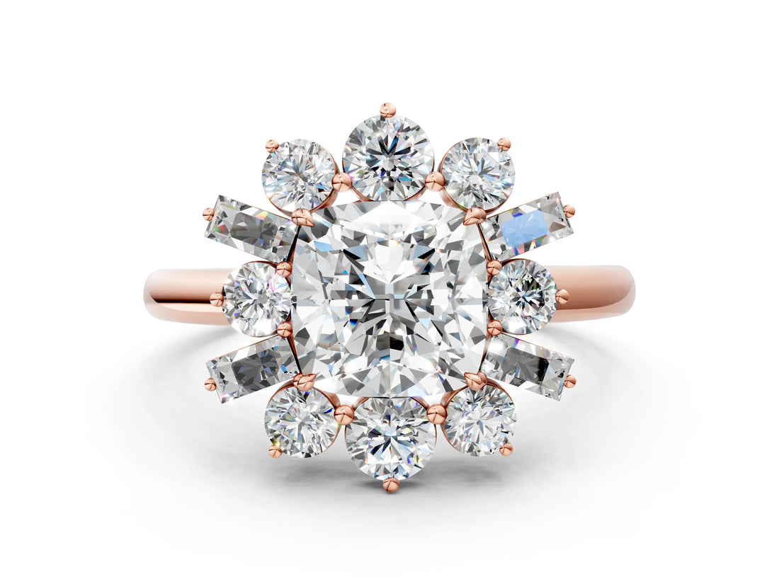 Rose gold Cushion Cut Diamond Cluster Ring with Round and Baguette Stones, Split Shank Band, Prong Setting_3