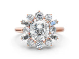 Rose gold Cushion Cut Diamond Cluster Ring with Round and Baguette Stones, Split Shank Band, Prong Setting_3