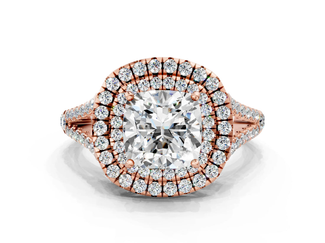 Rose gold Cushion Cut Diamond Double Halo Ring with Pavé Band and Prong Setting_106