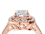Rose gold Cushion Cut Diamond Double Halo Ring with Pavé Band and Prong Setting_110
