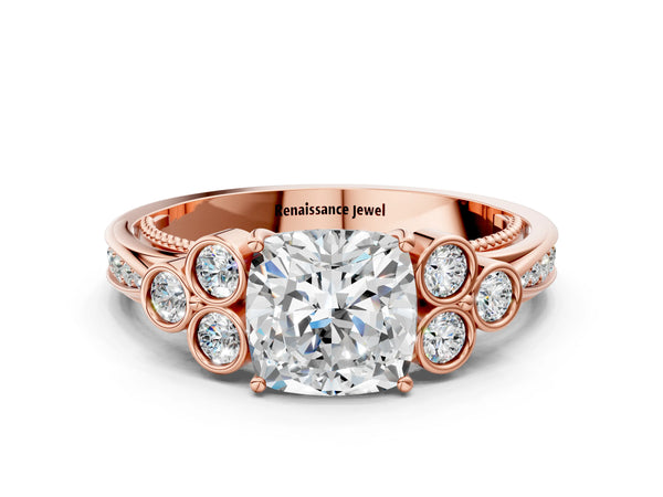 Rose gold Cushion Cut Diamond Engagement Ring with Bezel Set Round Side Stones and Prong Setting