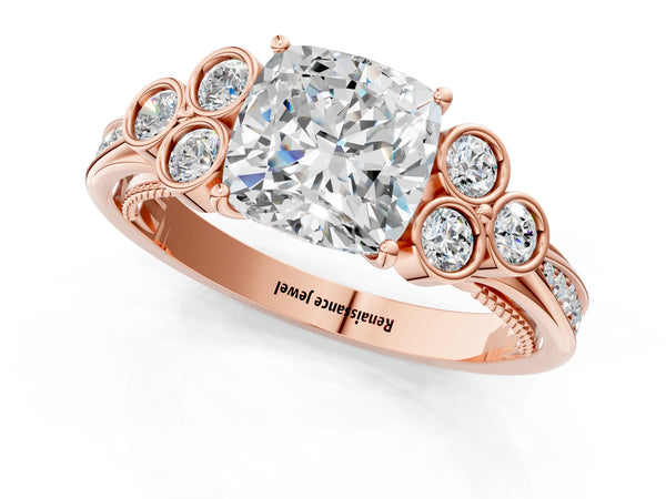 Rose gold Cushion Cut Diamond Engagement Ring with Bezel Set Round Side Stones and Prong Setting
