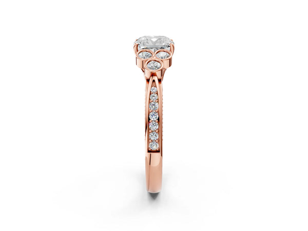 Rose gold Cushion Cut Diamond Engagement Ring with Bezel Set Round Side Stones and Prong Setting