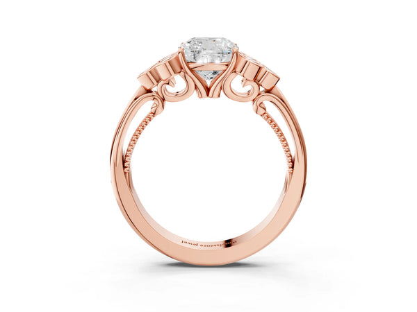 Rose gold Cushion Cut Diamond Engagement Ring with Bezel Set Round Side Stones and Prong Setting
