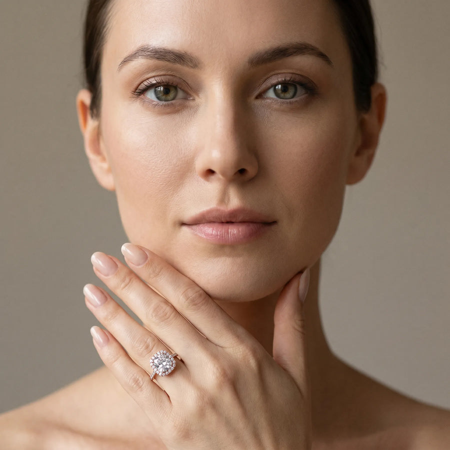 Rose gold Cushion Cut Diamond Floral Halo Engagement Ring with Pavé Band and Prong Setting