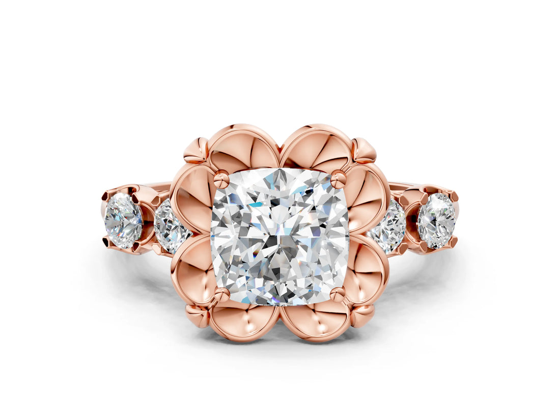 Rose gold Cushion Cut Diamond Floral Halo Engagement Ring with Shared Prong Setting