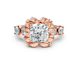 Rose gold Cushion Cut Diamond Floral Halo Engagement Ring with Shared Prong Setting