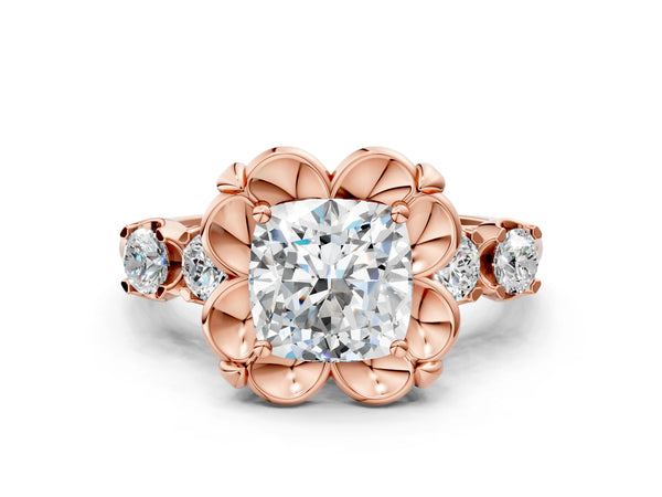 Rose gold Cushion Cut Diamond Floral Halo Engagement Ring with Shared Prong Setting