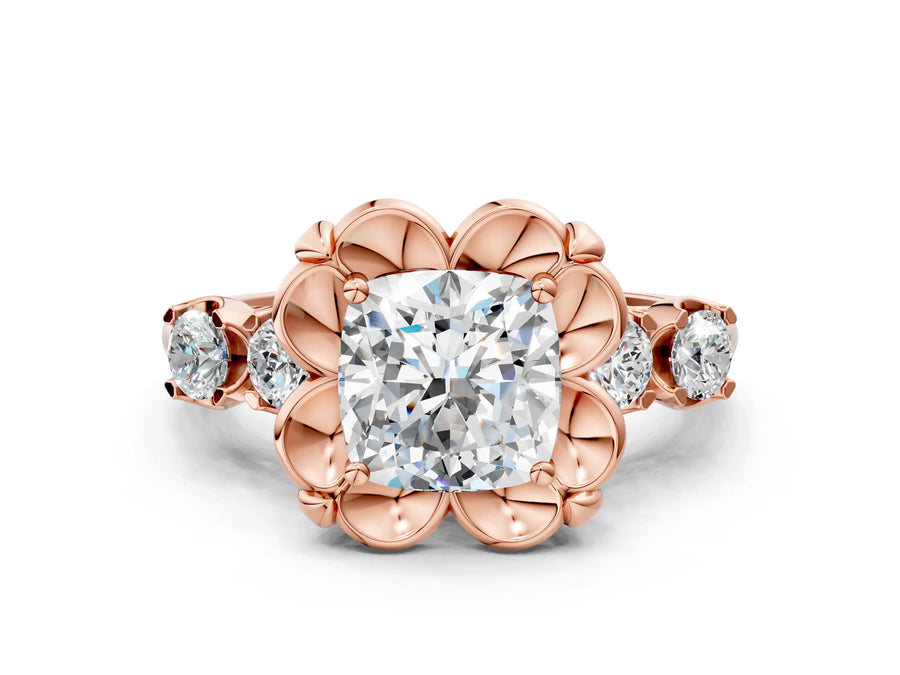 Rose gold Cushion Cut Diamond Floral Halo Engagement Ring with Shared Prong Setting