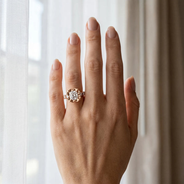 Rose gold Cushion Cut Diamond Floral Halo Engagement Ring with Shared Prong Setting
