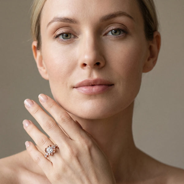 Rose gold Cushion Cut Diamond Floral Halo Engagement Ring with Shared Prong Setting