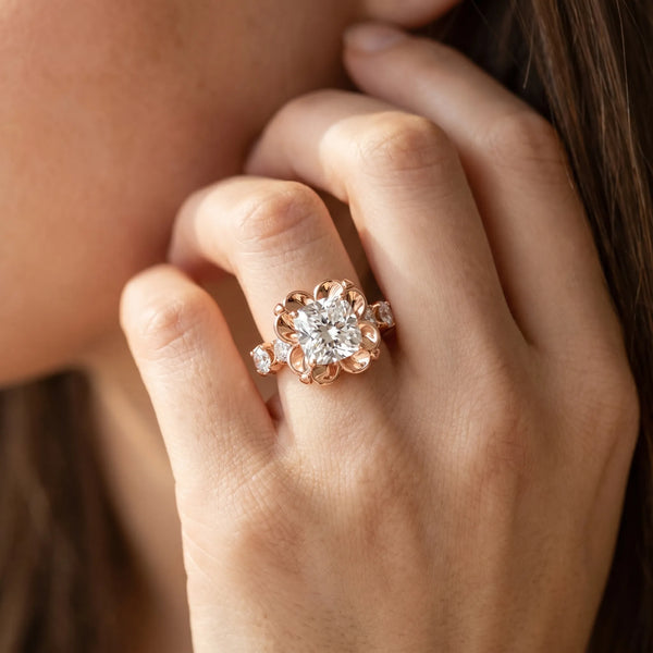 Rose gold Cushion Cut Diamond Floral Halo Engagement Ring with Shared Prong Setting