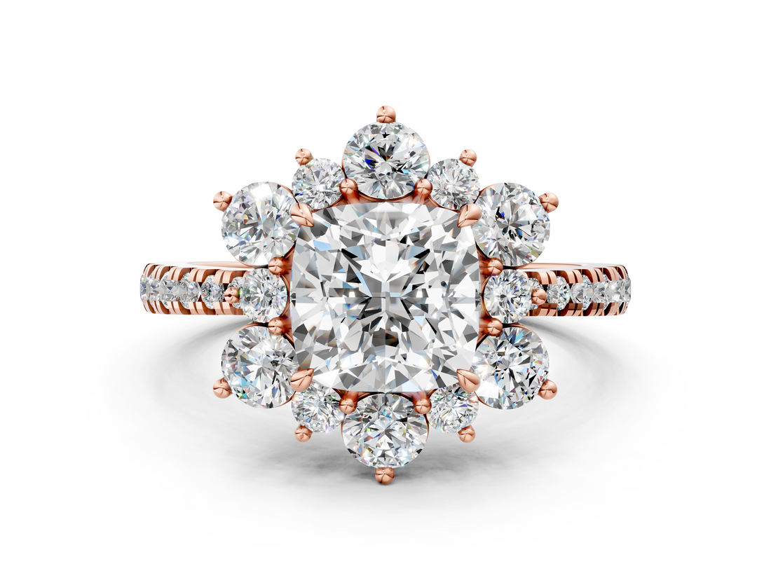 Rose gold Cushion Cut Diamond Floral Halo Pave Band with Prong Setting_39