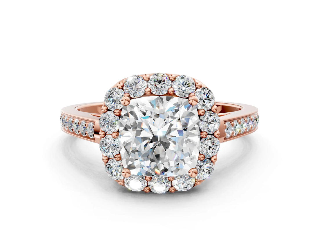 Rose gold Cushion Cut Diamond Floral Halo Ring with Pavé Band and Prong Setting_3