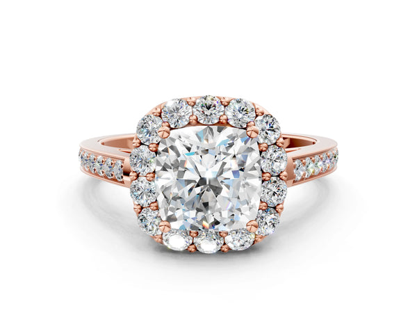 Rose gold Cushion Cut Diamond Floral Halo Ring with Pavé Band and Prong Setting