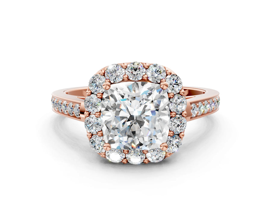Rose gold Cushion Cut Diamond Floral Halo Ring with Pavé Band and Prong Setting