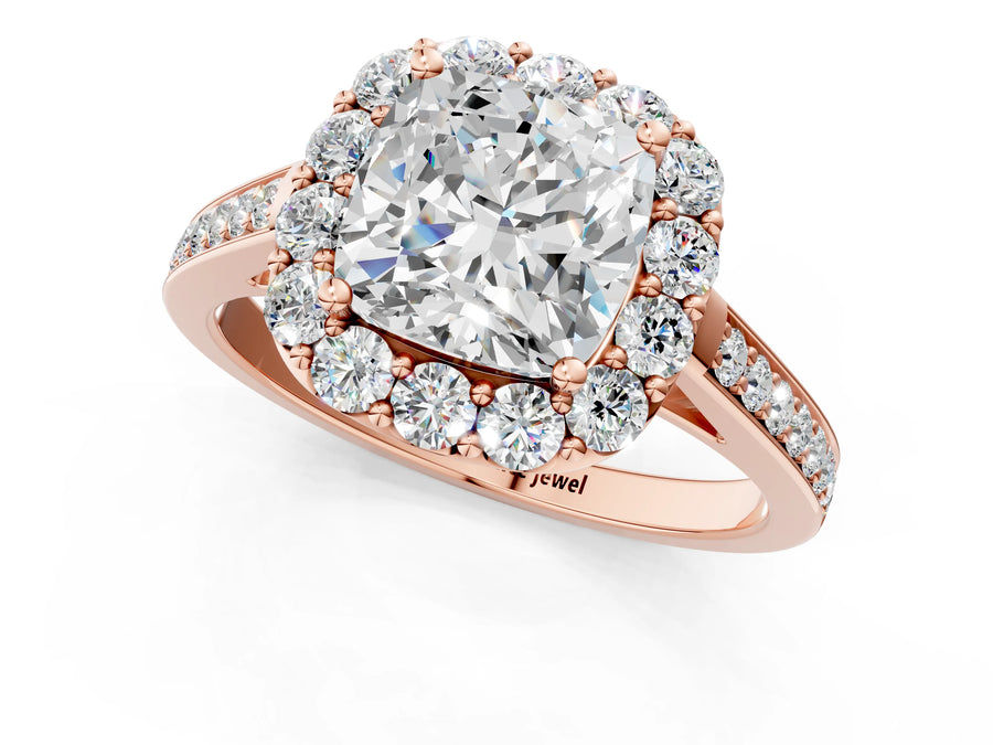 Rose gold Cushion Cut Diamond Floral Halo Ring with Pavé Band and Prong Setting
