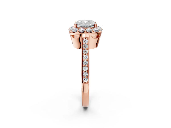 Rose gold Cushion Cut Diamond Floral Halo Ring with Pavé Band and Prong Setting