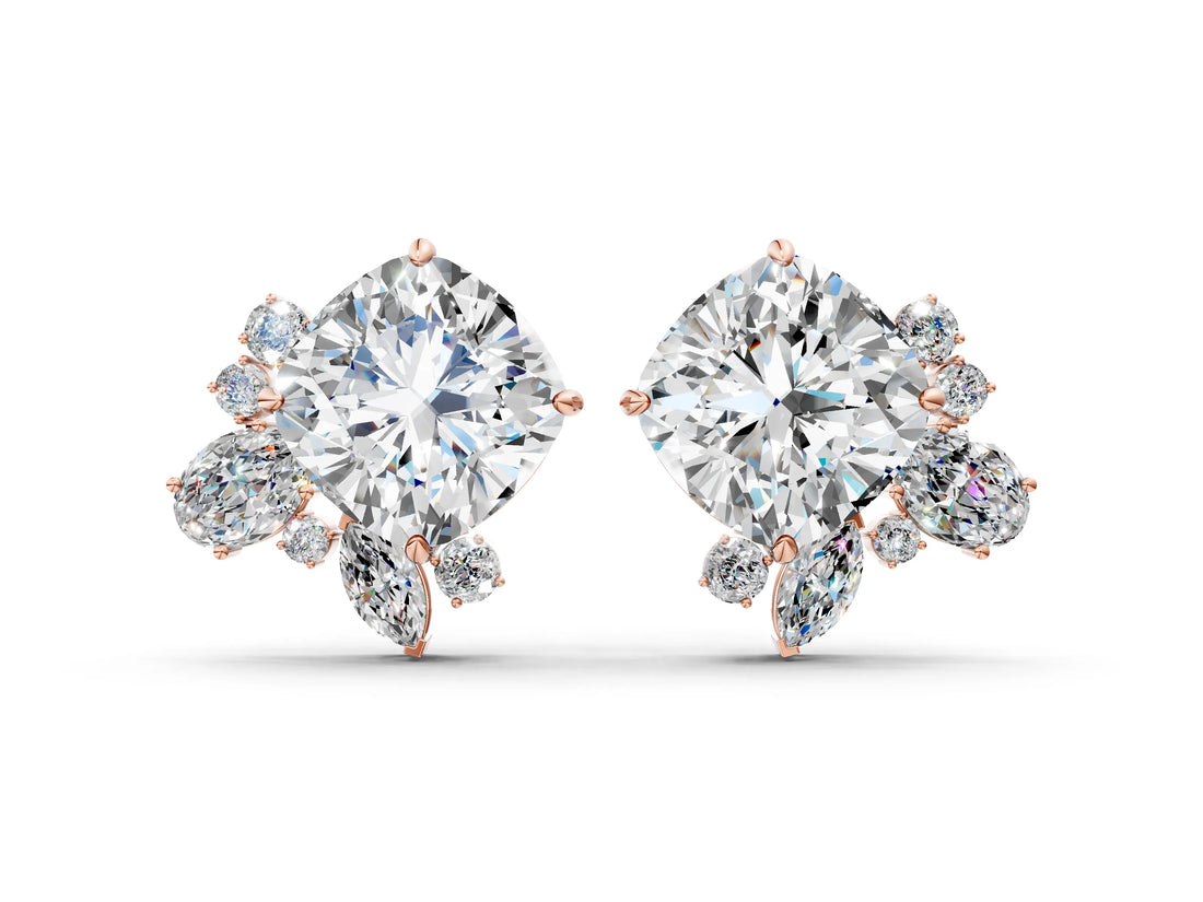 Rose gold Cushion Cut Diamond Floral Stud Earrings with Multi-Shape Accents_14