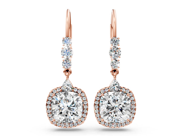 Rose gold Cushion Diamond Drop Earrings with Trillion Diamond Accents and Round Diamond Halo