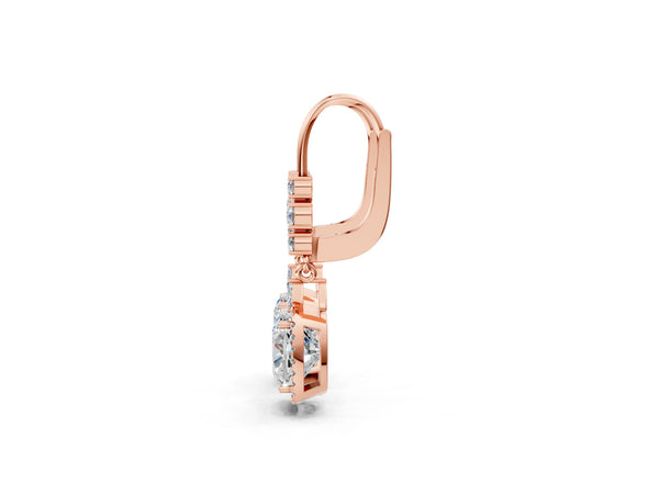 Rose gold Cushion Diamond Drop Earrings with Trillion Diamond Accents and Round Diamond Halo