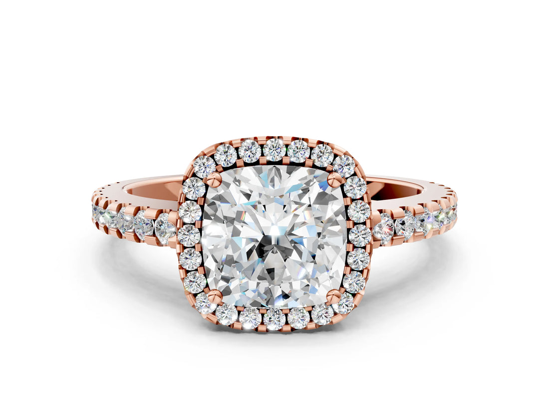 Rose gold Cushion Cut Diamond Halo Engagement Ring with Pavé Band and Prong Setting_27