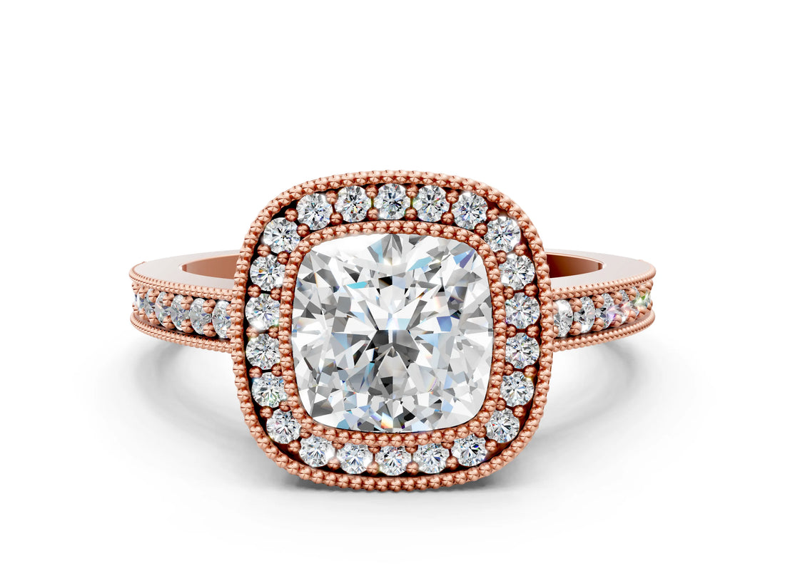 Rose gold Cushion-Cut Diamond Halo Engagement Ring with Pave Band and Prong Setting_6