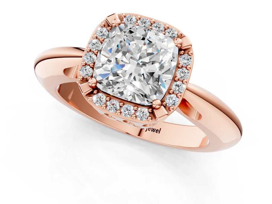 Rose gold Cushion Cut Diamond Halo Engagement Ring with Split Shank and Four-Prong Setting