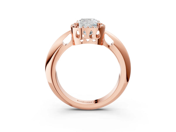 Rose gold Cushion Cut Diamond Halo Engagement Ring with Split Shank and Four-Prong Setting