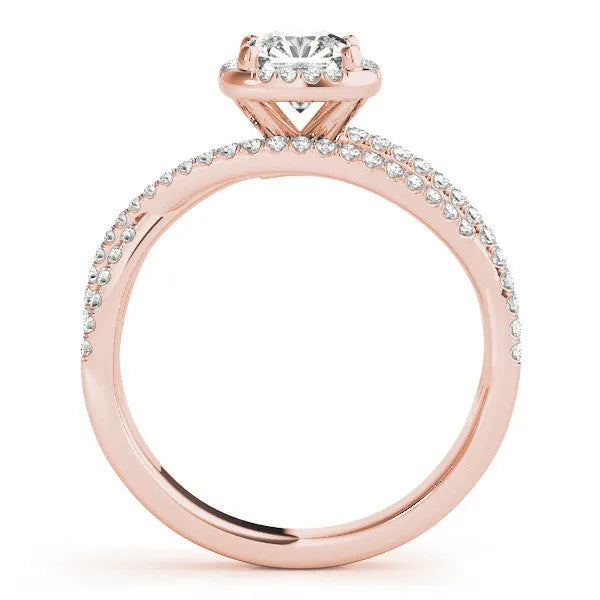 Rose gold Cushion Cut Diamond Halo Engagement Ring with Twisted Split Shank Pavé Band
